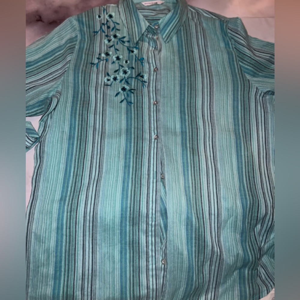 Striped Teal Button Down Shirt for Women